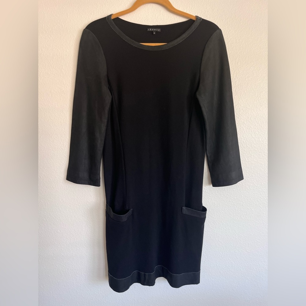 Theory Black Knit Sheath Dress Wool Blend Goat Leather Accent Career medium